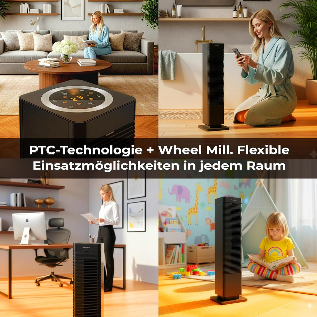 CoolHeat Keramik-PTC Heizlüfter 2000W WiFi 2-in-1 – Heizungslüfter & Turmventilator, 80° Oszillation