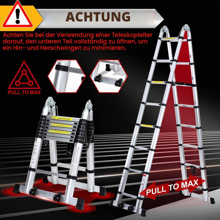 Randaco 5M (2.5+2.5) Teleskopleiter Klappleiter Aluminium, Ausziehbare Leiter, Rutschfester Aluleite