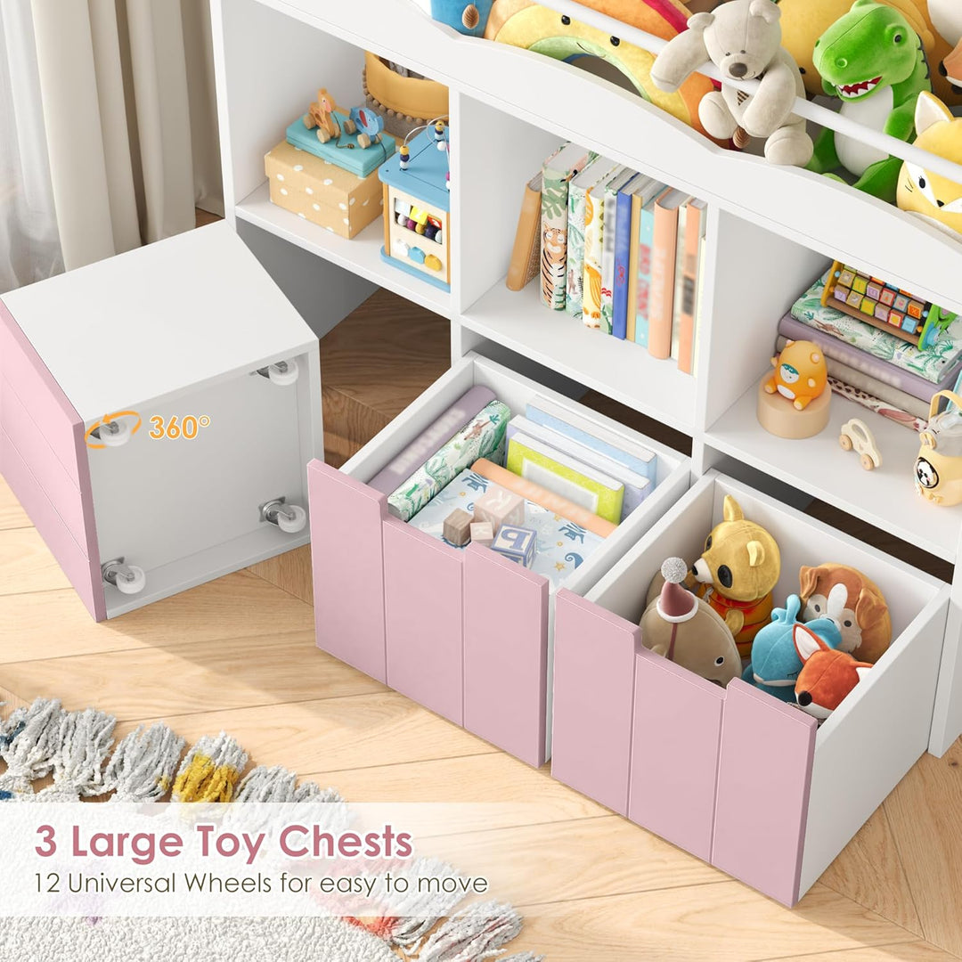 HOCSOK 110cm Kinderregal mit Boxen auf Rollen, Kinderbücherregal mit 4 Ablagefächern, Spielzeugregal