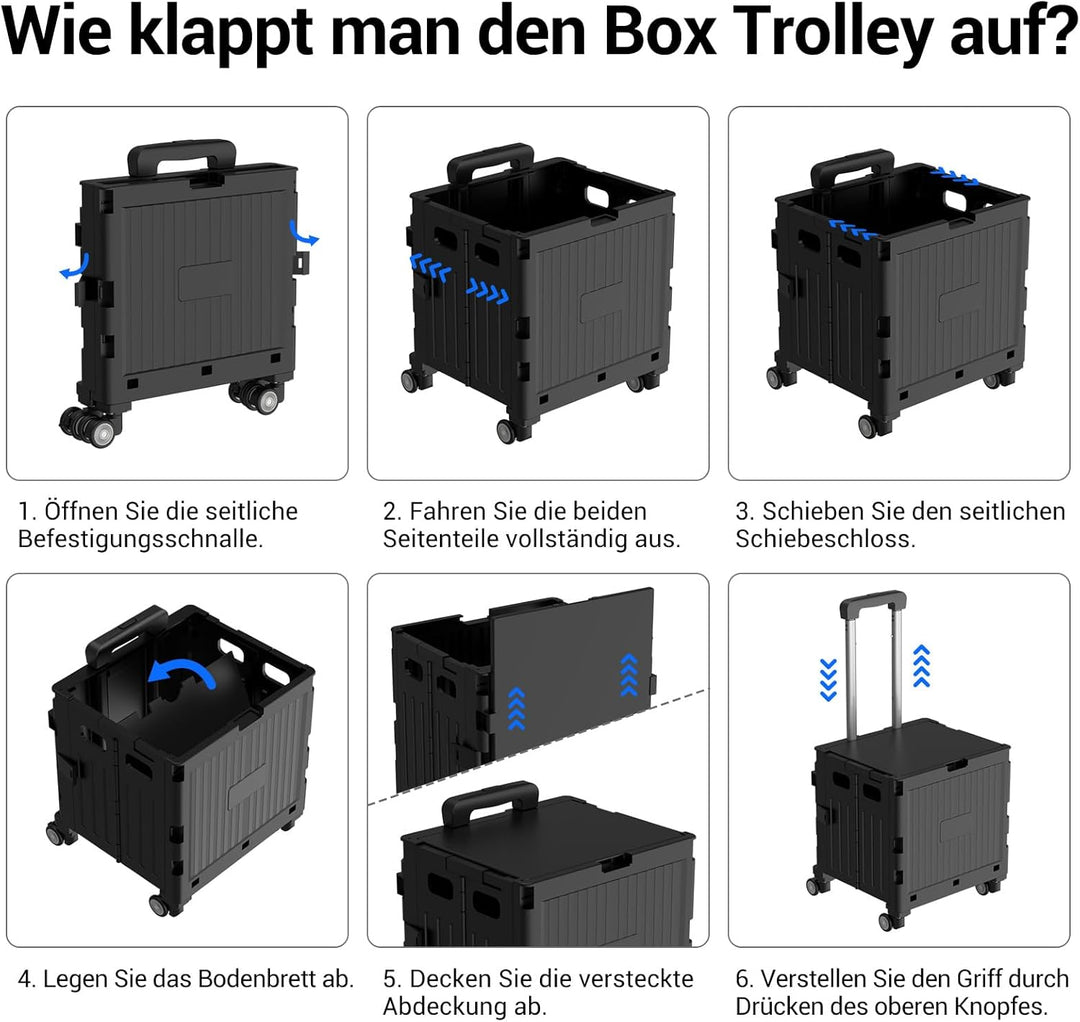 Einkaufstrolley klappbar, Einkaufswagen bis 30 kg, Transportbox mit 4 Rollen, Shopping Trolley Verst
