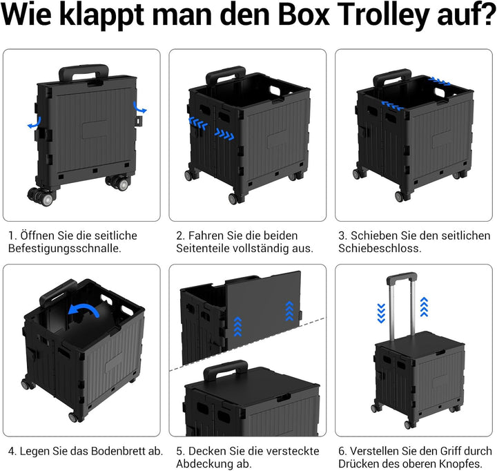 Einkaufstrolley klappbar, Einkaufswagen bis 30 kg, Transportbox mit 4 Rollen, Shopping Trolley Verst