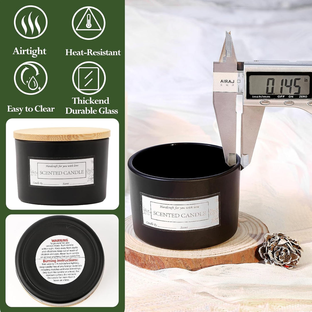 CONNOO 15 Stück 120ml Mattschwarze Glas-Kerzengläser mit luftdichten Bambusdeckeln zum Kerzenmachen,