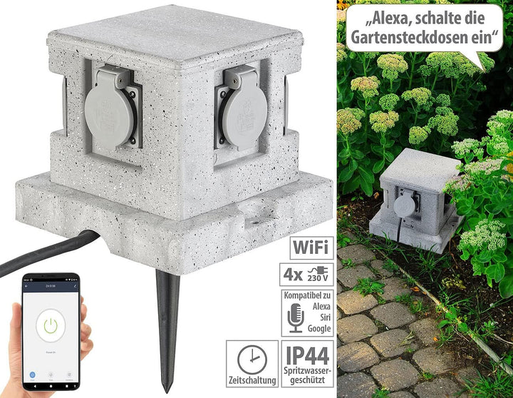 Royal Gardineer Steckdosenstein: 4-fach-WLAN-Garten-Steckdose, App, Sprachbefehl, 16 A, 3.680 W, IP4