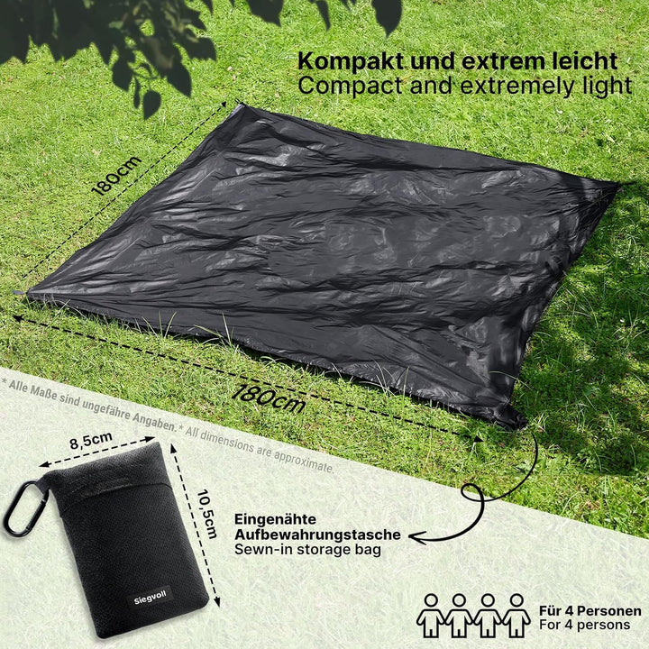 Siegvoll Picknickdecke Klein 4 Personen, Ultraleicht Stranddecke Schwarz 180 x 180 cm, 180 x 180 cm