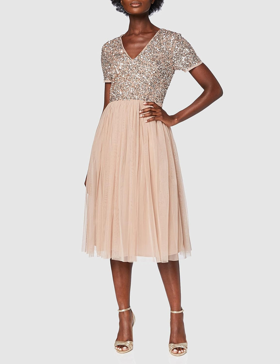 Maya Deluxe Damen Midi-Kleid mit V-Ausschnitt, Verziert Brautjungfernkleid Taupe Blush 42, Taupe Blu