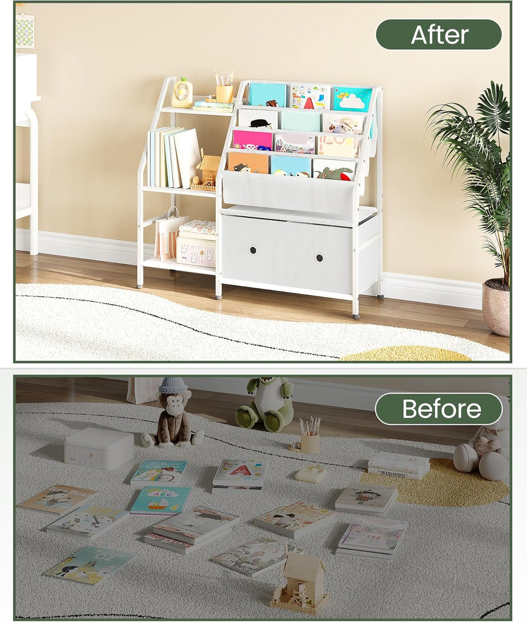 Bücherregal Kinder, Kinderregal, Kinderspielzeug Regal, Spielzeug Aufbewahrung mit 4 Hängetaschen, 3