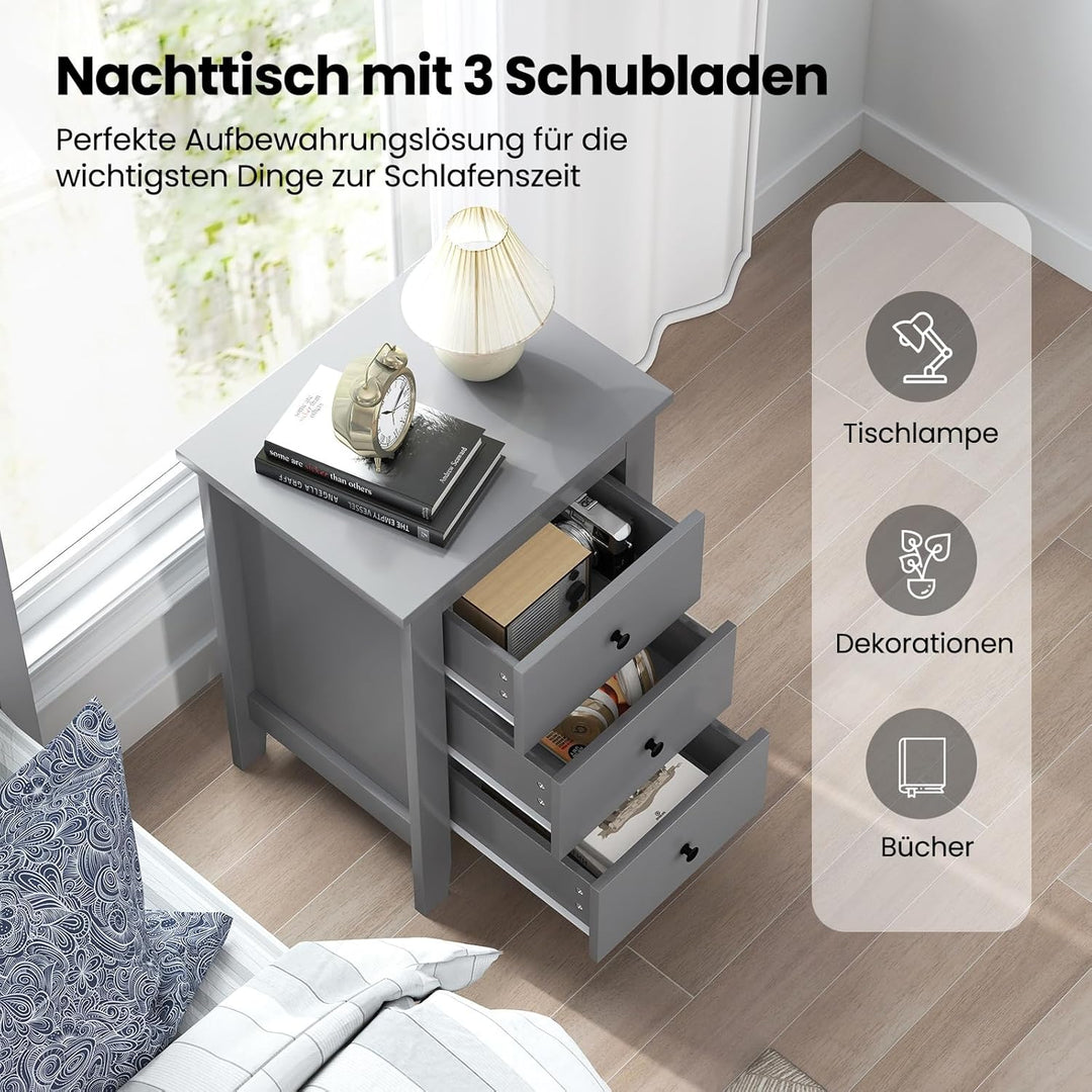 COSTWAY Nachttisch mit 3 Schubladen, Nachtschrank für Boxspringbett, Beistelltisch, Nachtkommode für