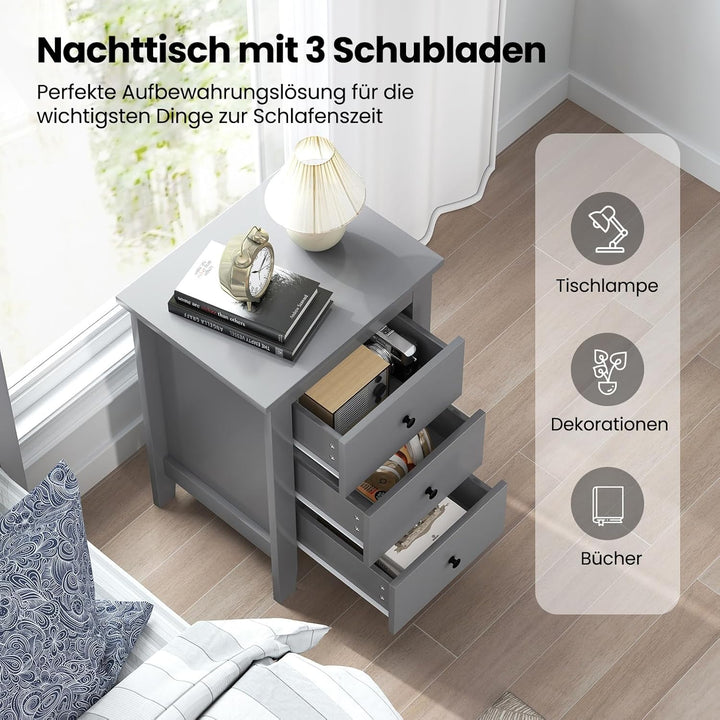 COSTWAY Nachttisch mit 3 Schubladen, Nachtschrank für Boxspringbett, Beistelltisch, Nachtkommode für