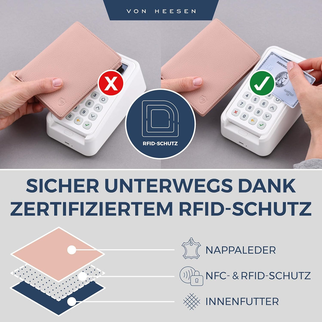 VON HEESEN Leder Geldbörse RFID Schutz I Echtleder Geldbeutel für Damen &amp; Herren I Portemonnaie Brie