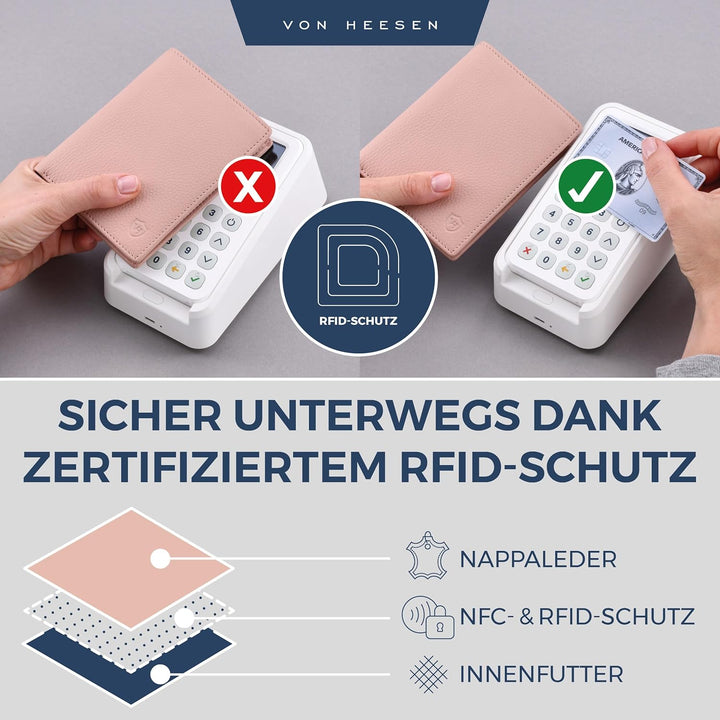 VON HEESEN Leder Geldbörse RFID Schutz I Echtleder Geldbeutel für Damen &amp; Herren I Portemonnaie Brie