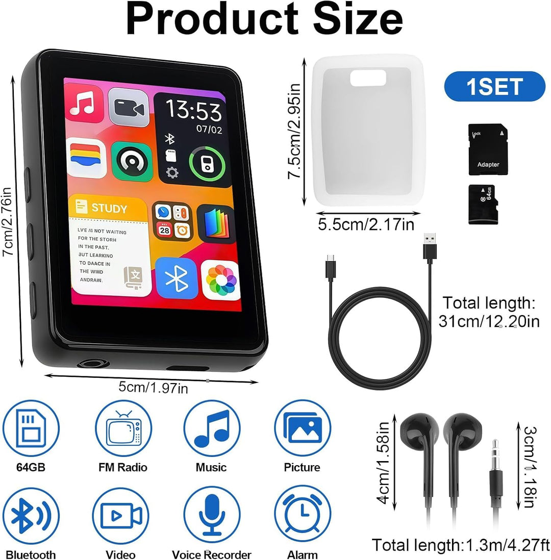 MP4 Player, 64 GB, Bluetooth 5.3, 2,4 Zoll Touchscreen | Tragbarer MP4-Player, Integrierter HD-Lauts
