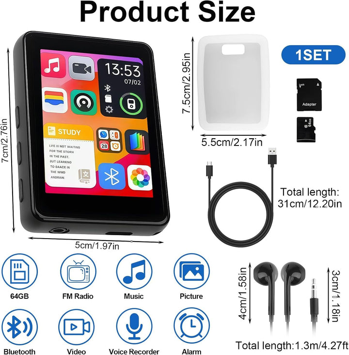 MP4 Player, 64 GB, Bluetooth 5.3, 2,4 Zoll Touchscreen | Tragbarer MP4-Player, Integrierter HD-Lauts