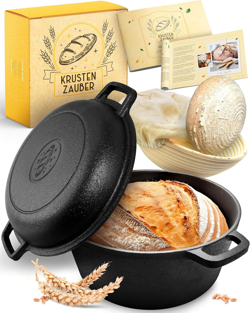 KRUSTENZAUBER Gusseisen Topf Brot Backen [inkl. Gärkorb] - Robuster 26cm gusseiserner Brottopf zum b