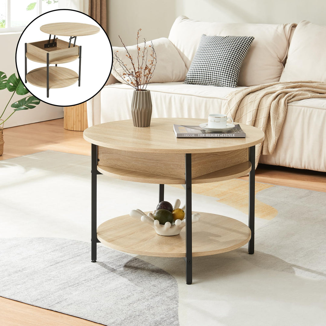 [en.casa] Couchtisch mit Hebeplatte rund Kandas Wohnzimmertisch mit Stauraum Ø70 x 49 cm Kleiner Tis