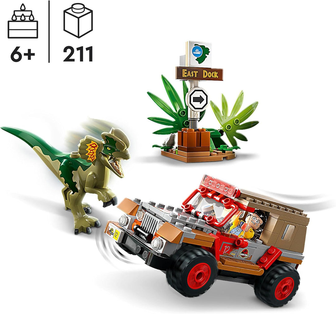 LEGO 76958 Jurassic Park Hinterhalt des Dilophosaurus, Dinosaurier Spielzeug Set mit Figur und Jeep