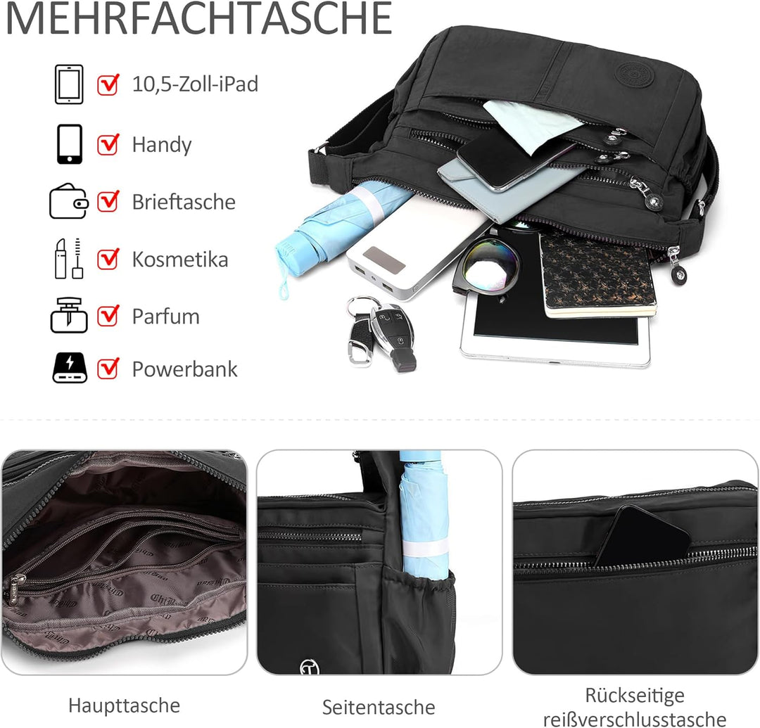 DIRRONA Umhängetasche Damen Gross - Leicht Wasserdicht Nylon Handtasche Damen Mit Vielen Fächern Sch