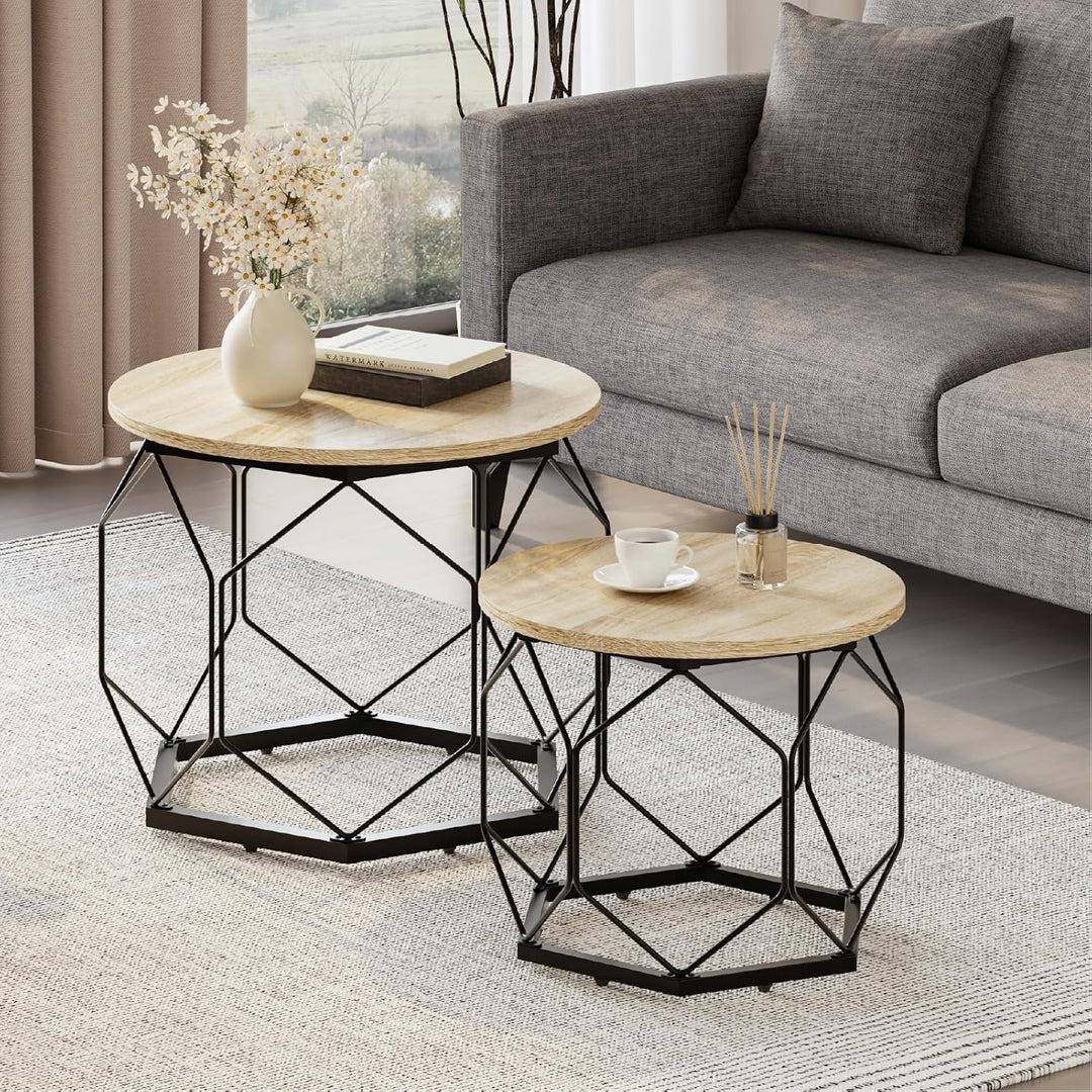 WOLTU Couchtisch 2er Set, Beistelltisch mit runder Tischplatte, Sofatisch mit hohlem Metallrahmen, W