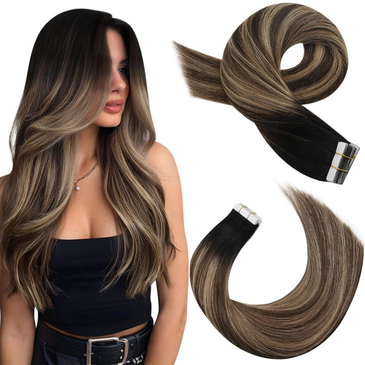 Moresoo Unsichtbare Tape Extensions Echthaar Dunkelbraune Hair Extensions Tape in 45 cm Schwarz bis