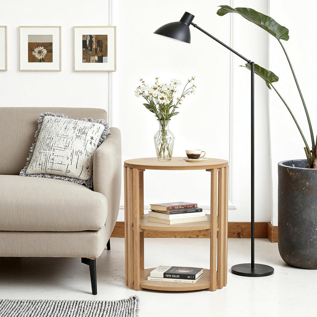 Hometopia Beistelltisch Rund Holz, 3-stufiger Runder Beistelltisch mit Stauraum, Kleiner Couchtisch