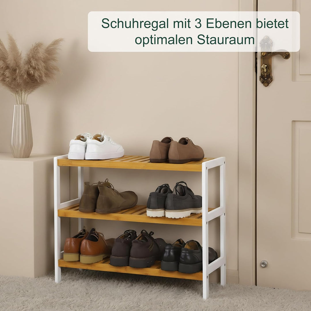 Relaxdays Schuhregal, HxBxT: 55 x 70 x 26 cm, Bambus, 3 Ebenen, 9 Paar Schuhe, Schuhständer Gitterab