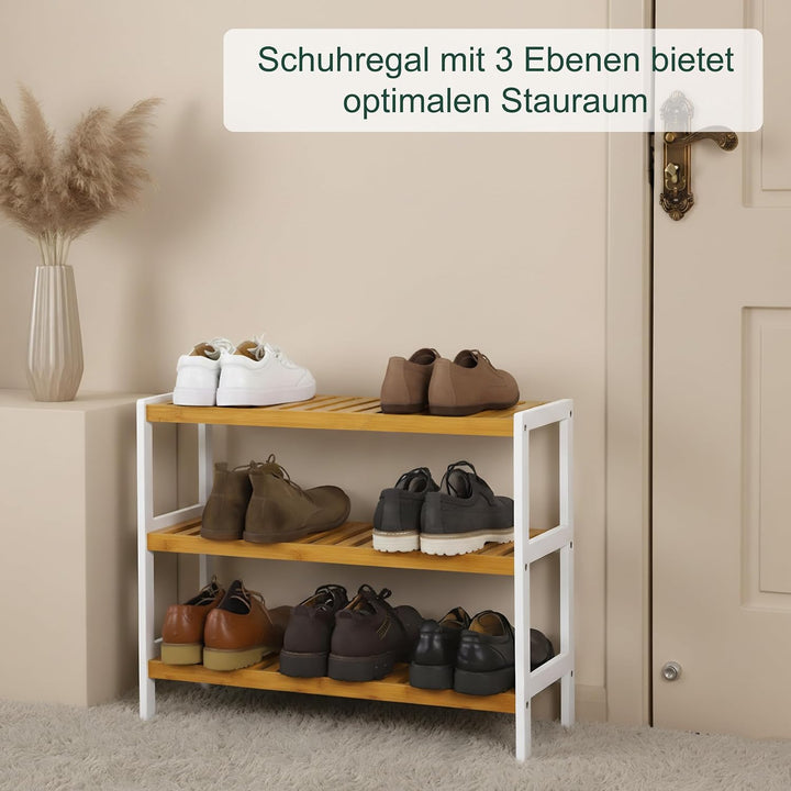 Relaxdays Schuhregal, HxBxT: 55 x 70 x 26 cm, Bambus, 3 Ebenen, 9 Paar Schuhe, Schuhständer Gitterab