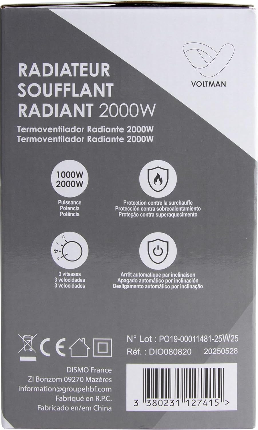 DIO - Tragbarer Heizlüfter 2000W - Regelbarer Thermostat - 2 Heizleistungen - 3 Modi - Kompakt und L