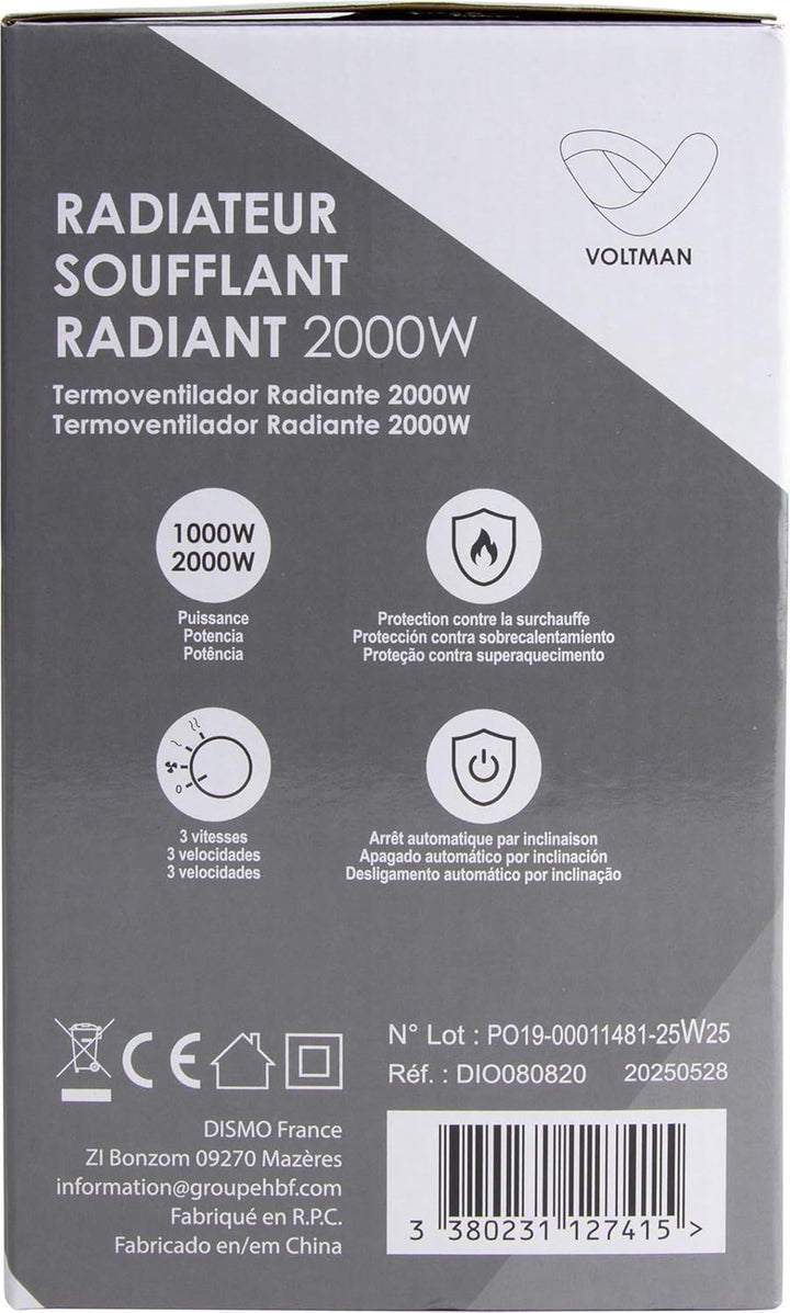 DIO - Tragbarer Heizlüfter 2000W - Regelbarer Thermostat - 2 Heizleistungen - 3 Modi - Kompakt und L