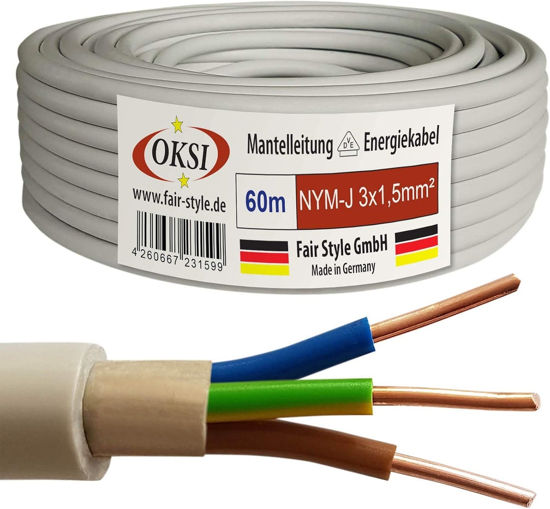 OKSI 60m NYM-J 3x1,5 mm² Mantelleitung Feuchtraumkabel Elektrokabel Kupfer Made in Germany, 60m NYM-