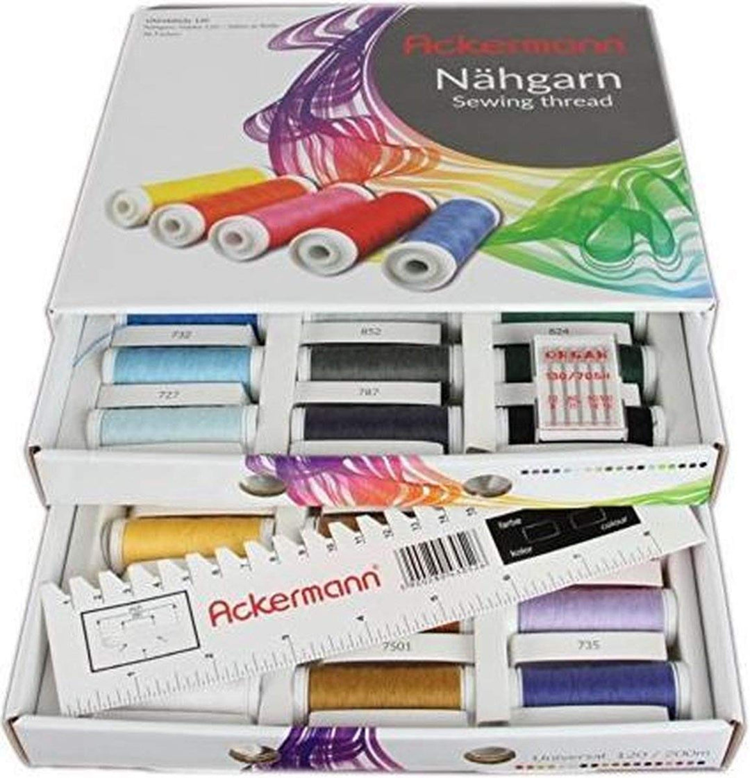 Ackermann 36 Farben x 200m UNIVERSAL 120 NÄHGARN (Allesnäher) in handlicher Box. Nähgarnsortiment, -