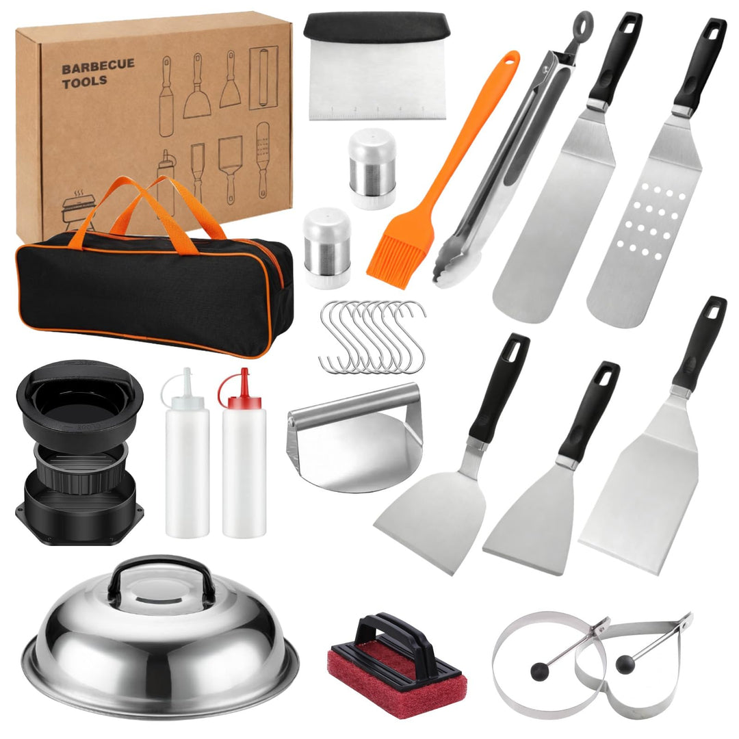 27 Pcs Grill Zubehör, Grillspachtel Plancha Zubehör, Grillbestec Set, Burgerpresse mit Griff, Teppan