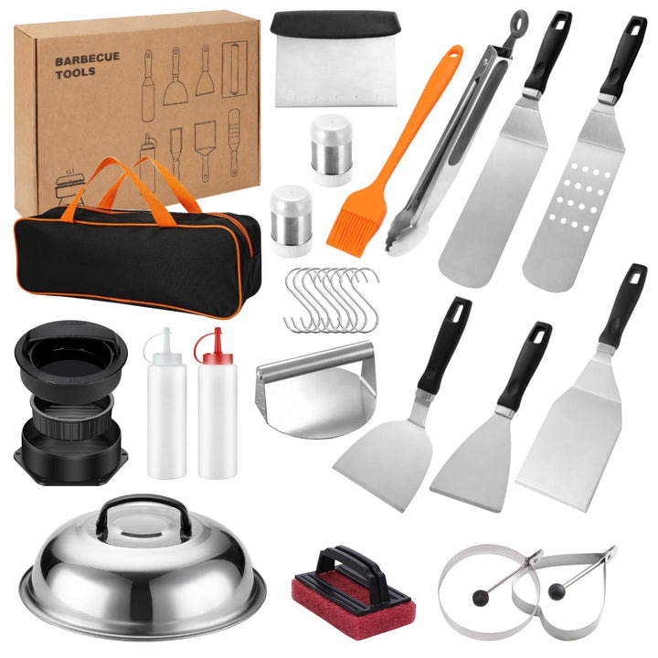 27 Pcs Grill Zubehör, Grillspachtel Plancha Zubehör, Grillbestec Set, Burgerpresse mit Griff, Teppan