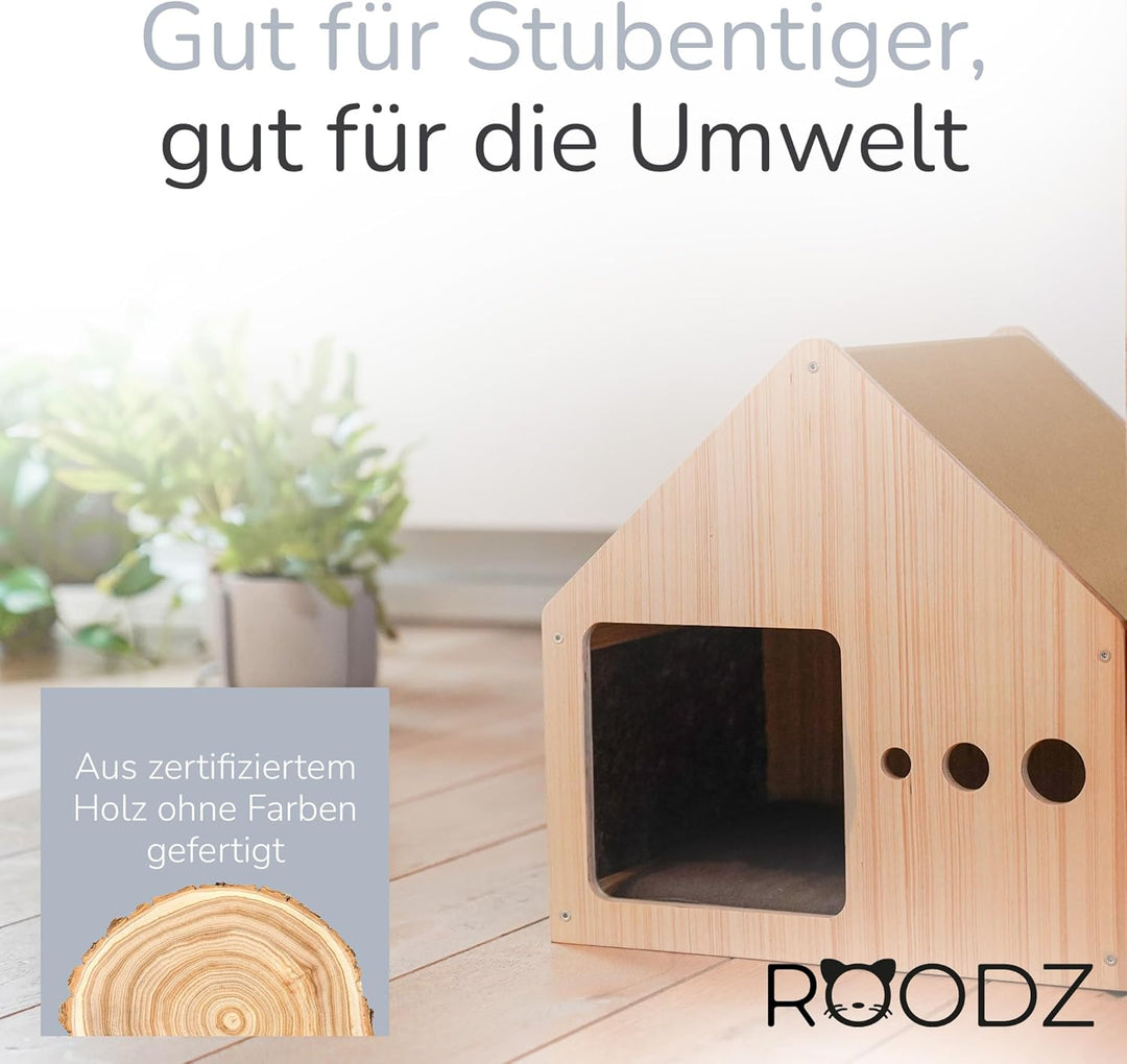 ROODZ 2-in-1 Kratz- & Loungehöhle für Katzen – Echtholz & Kratzvlies – Gemütliche Katzenhöhle Beige,