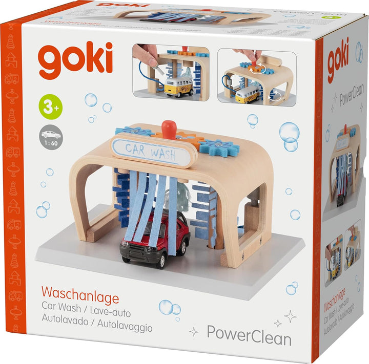 goki 53779 Waschanlage PowerClean, Autowaschanlage aus Holz – Spielset mit Bürsten, Filzvorhängen &