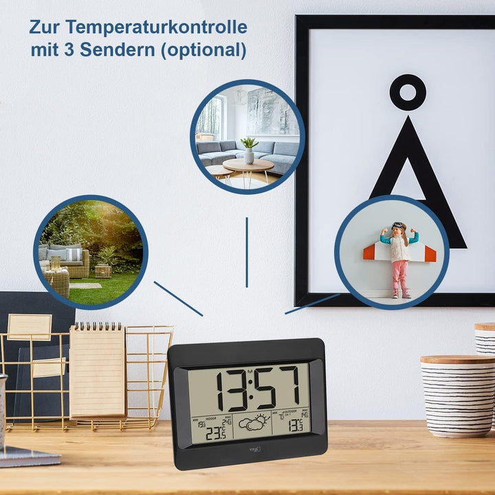 TFA Dostmann Funk-Wetterstation Zeno, 35.1163.01, digitale Funk-Wanduhr mit Wettervorhersage, Innen-