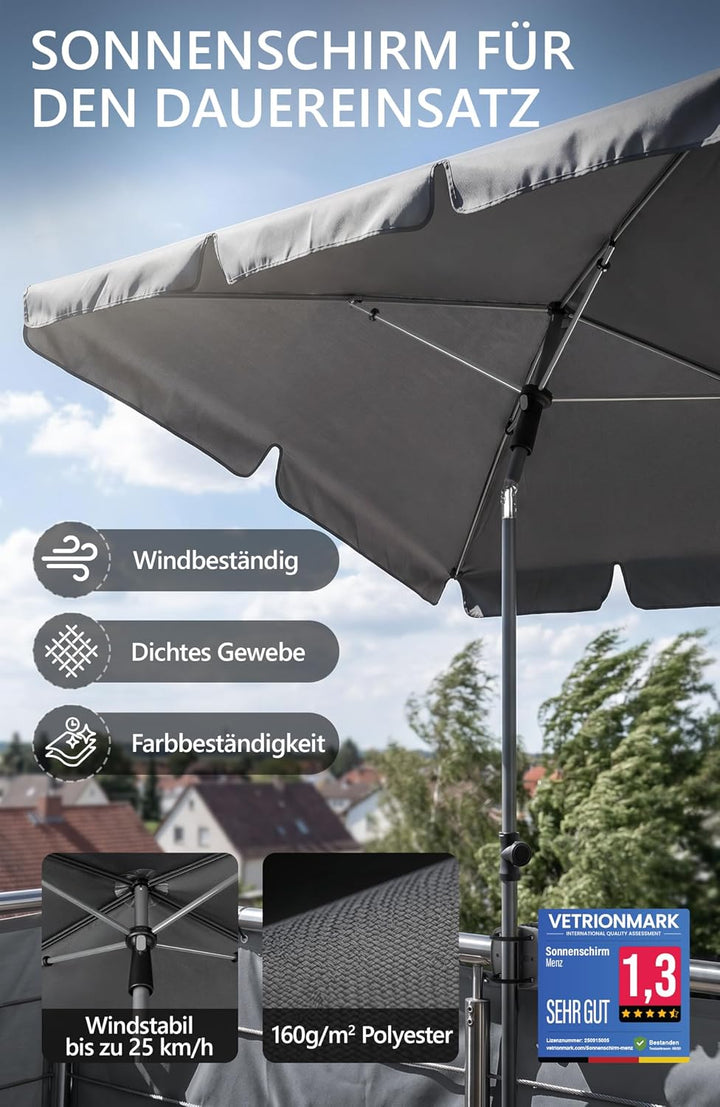 4smile Sonnenschirm Balkon in Anthrazit - Sonnenschirm rechteckig 200x125cm mit UV50+ Sonnenschutz |