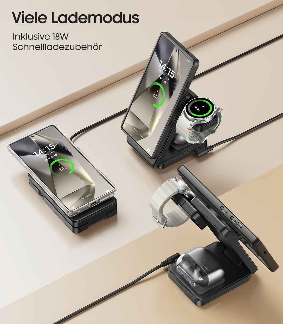 Faltbar Magnetisch Induktive Ladestation für Samsung, 3 in 1 Wireless Charger für Samsung Galaxy S26