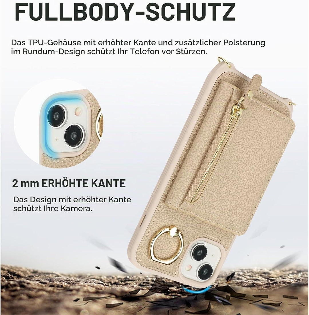 ELTEKER Handyhülle für iPhone 13 Mini Hülle mit Band Kartenfach Ringhalterung Geldbörse,Leder Klapph
