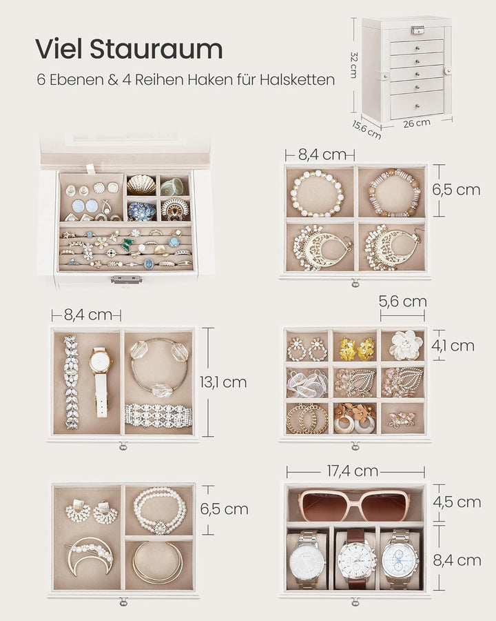 SONGMICS Schmuckkasten, grosse Schmuckschatulle mit 6 Ebenen, Schmuckkästchen mit seitlichen Klapptü