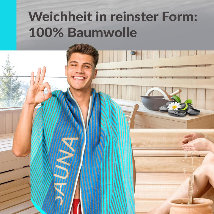 Lashuma Saunatuch Helsinki, Blau - Türkis, Liegetuch für die Sauna, XXL Badetuch, 100% Baumwolle, 85
