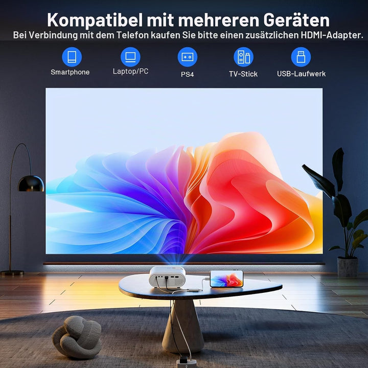 Mini Beamer mit Stativ, VISSPL 12000 Lux Beamer Klein unterstützt Full HD 1080P, 50% Zoom, ±15° Trap