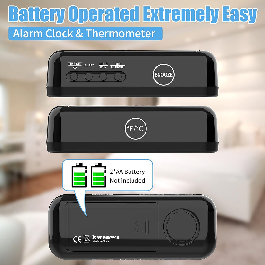 KWANWA Digitaler Reisewecker mit Temperaturanzeige – Batteriebetrieben, 3-stufige Helligkeit/Snooze/