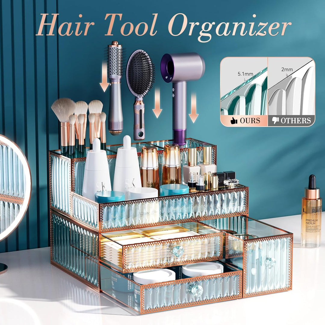 Youdepot Haar-Werkzeug-Organizer, Make-up-Organizer für Schminktisch, gehärtetes Glas, Haar-Organize