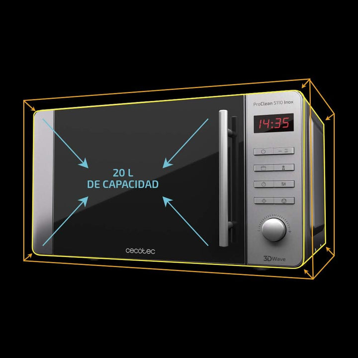 Cecotec Mikrowelle Pro Clean 5110 Inox. 700 W, Grill 800 W, 20 L, Ready 2 Clean, Beschichtung 3D Wav