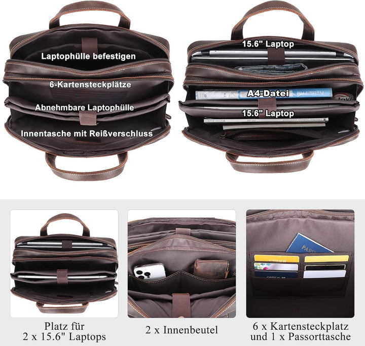 TIDING Leder Aktentasche Herren 15,6 Zoll Laptoptasche Business Taschen Vintage Arbeitstasche Umhäng
