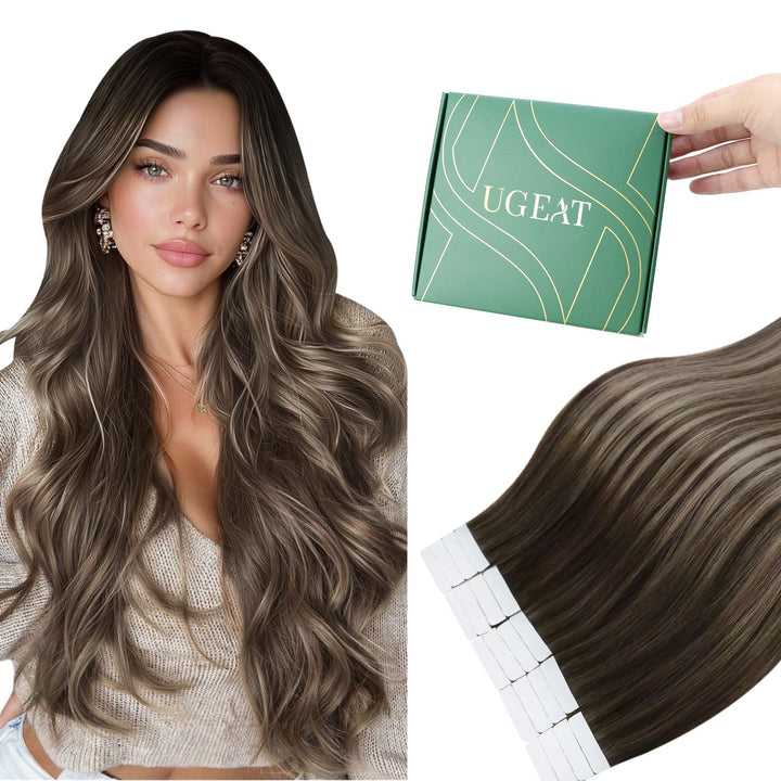 Ugeat Tape Echthaar Extensions Dunkelbraun Balayage Invisible Tape Extensions Echthaar Aschblond Omb