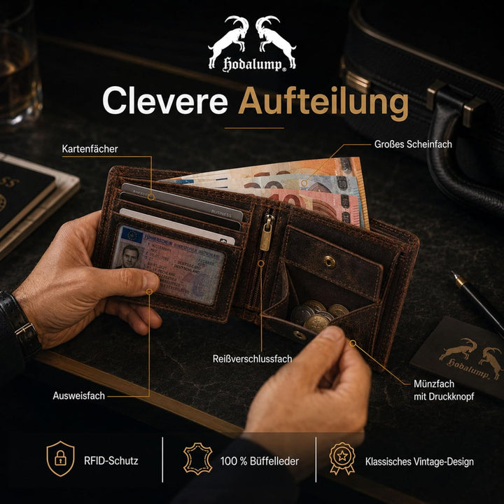 Echt-Leder Geldbörse • Premium Geldbeutel für Damen und Herren mit RFID-Schutz • Langlebiges Portmon