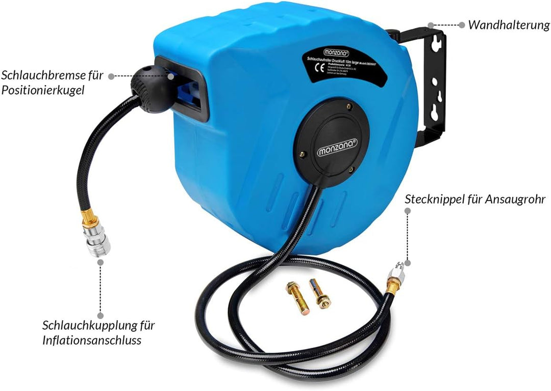 DEUBA® Druckluft Schlauchtrommel 10m+1m Automatischer Einzug 3/8' Anschluss 12 bar Ø12mm Automatik S