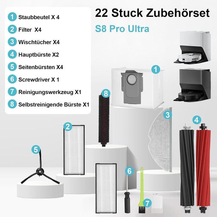 RUKHOOL Zubehör für Roborock S8 Pro UItra Ersatzteile Saugroboter Zubehörset mit 4 Staubbeutel, 2 Ha
