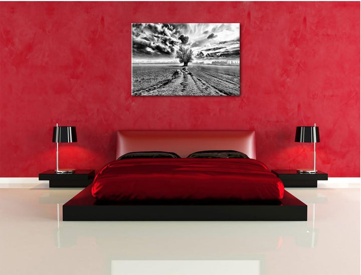 Pixxprint Monocrome, Pinkes Feld mit pinkem Baum, Format: 100x70 auf Leinwand, 100x70