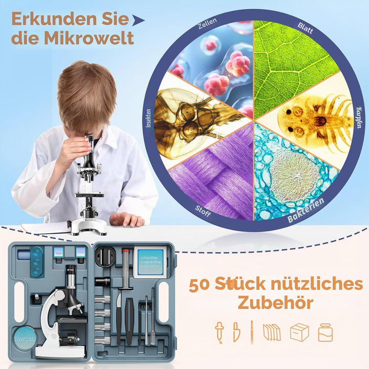 100X–1200X Entdecker Kinder Mikroskop Set mit Koffer: Natur unter dem mikroskop Schüler ab 6 Jahre –